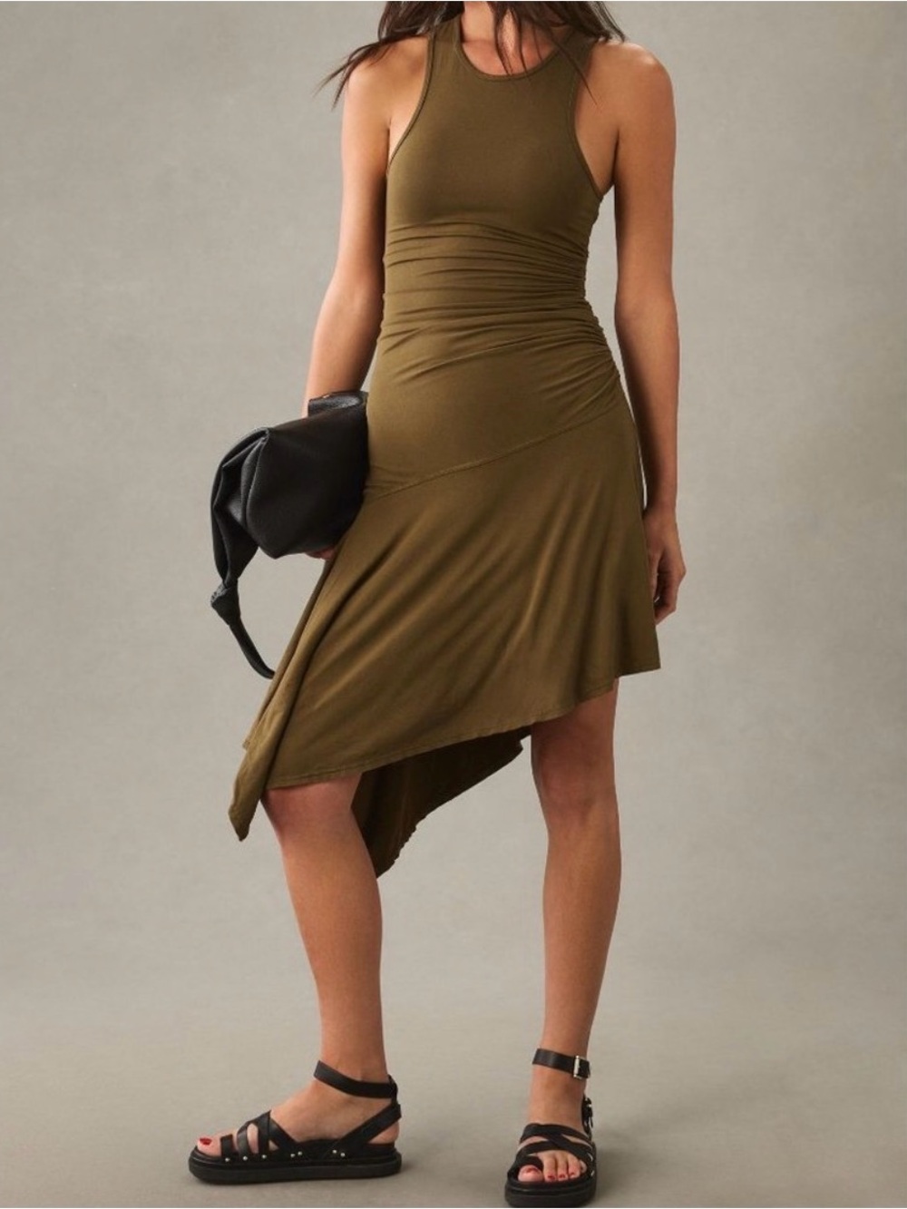 Daily Practice by Anthropologie olive green sleeveless side-ruched midi dress